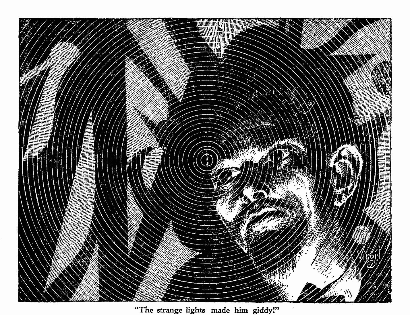 Virgil Finlay for Weird Tales 's visual Art Virgil Finlay, The Metal Chamber by Duane W. Rimel, Weird Tales 39-03, p.7.