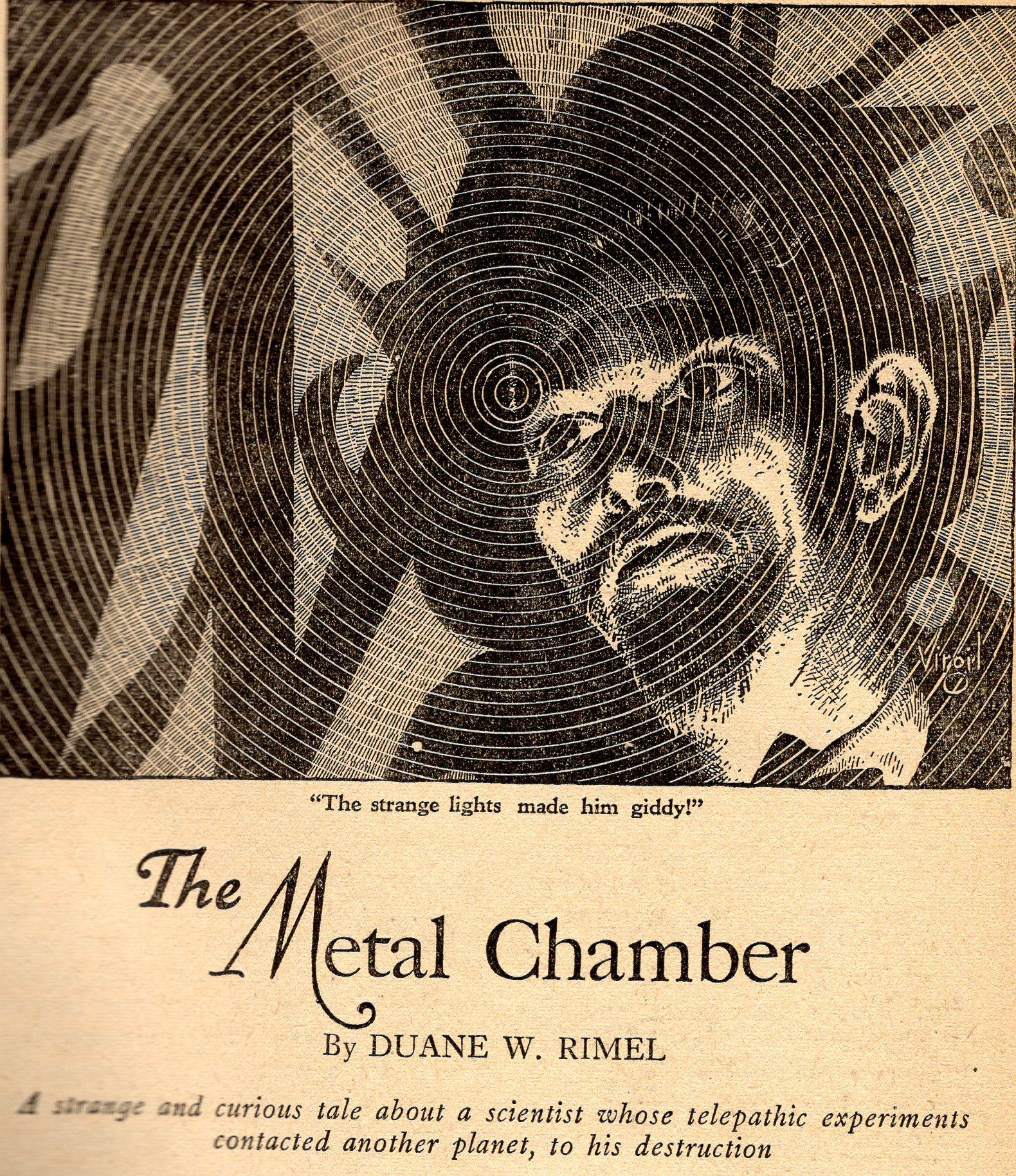 Virgil Finlay for Weird Tales 's visual Art Virgil Finlay, The Metal Chamber by Duane W. Rimel, Weird Tales 39-03, p.7.