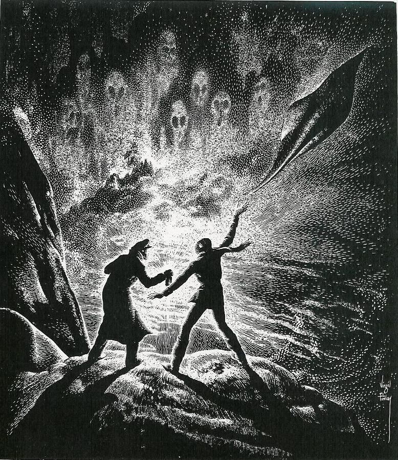 Virgil Finlay for Weird Tales 's visual Art Virgil Finlay, The Plaid by Abrach, Weird Tales 52-07, P. 64.