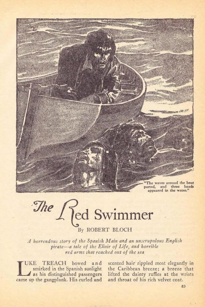 Virgil Finlay for Weird Tales 's visual Art Virgil Finlay, The Red Swimmer by Robert Bloch, Weird Tales 39-034, p.83.