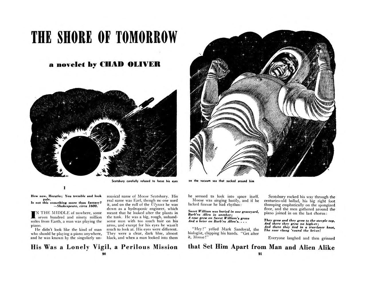 Virgil Finlay's visual Art Virgil Finlay, The Shore of Tomorrow, Startling Stories 53-03, pp.90-91.