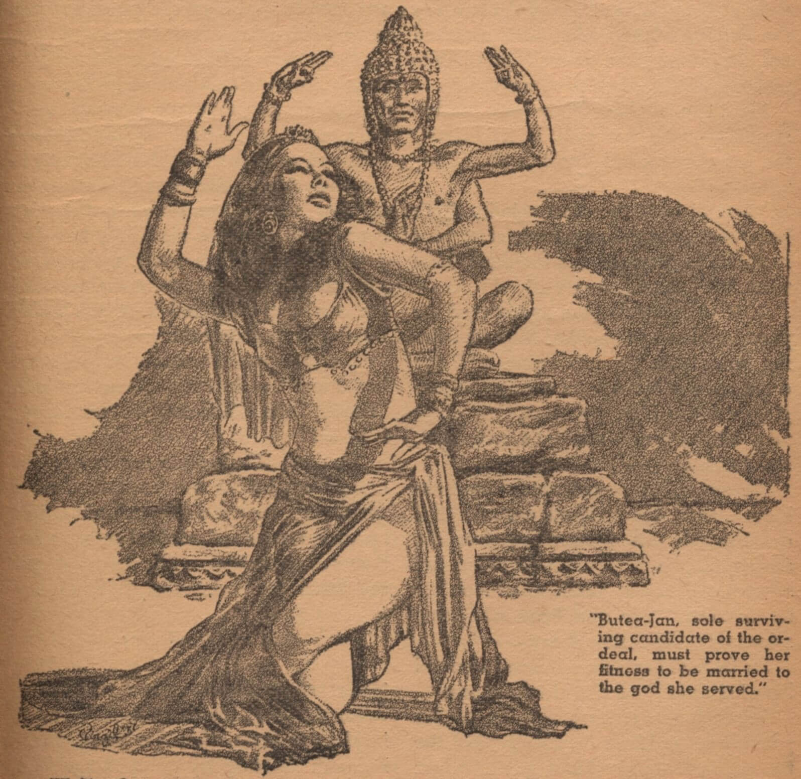 Virgil Finlay for Weird Tales 's visual Art Virgil Finlay, The Temple Dancer by Seabury Quinn, Weird Tales 38-04.