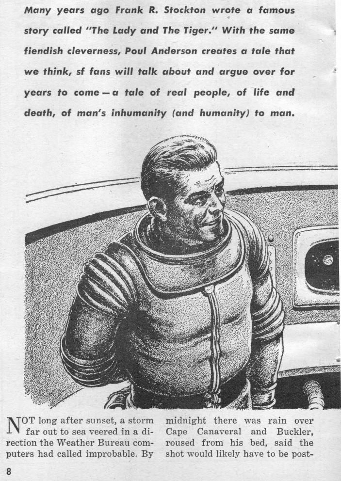 Virgil Finlay's visual Art Virgil Finlay, Third Stage by Poul Anderson, Amazing Stories 62-02, P.8.