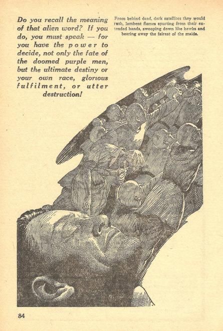 Lawrence Sterne Stevens's Illustration Art LSS? Dhactwhu! - Remember? by Wilfred Owen Morley & Jacque DeForest Erman, Super Science Stories 49-04, P.84.