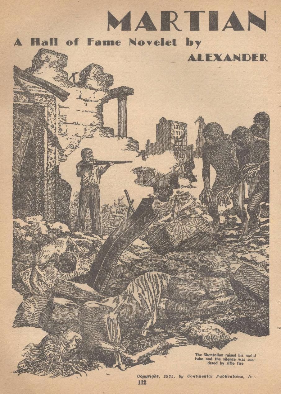 Lawrence Sterne Stevens's Illustration Art LSS? Martian Gesture by Alexander M. Phillips, Startling Stories 49-01, P.112.