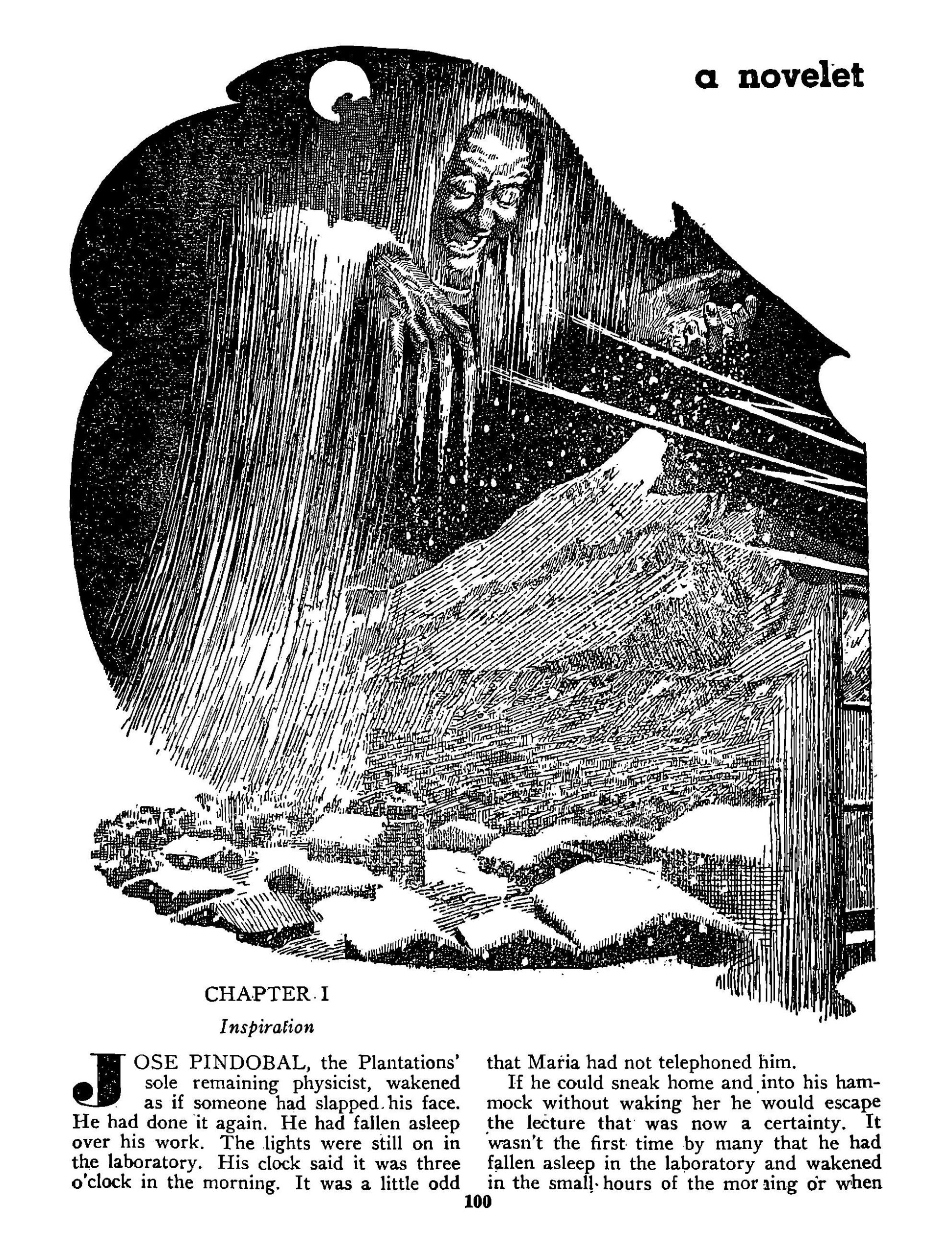 Lawrence Sterne Stevens's Illustration Art LSS? White Catastrophe (left side) by Arthur J. Burks, Thrilling Wonder Stories 49-06, P.100.