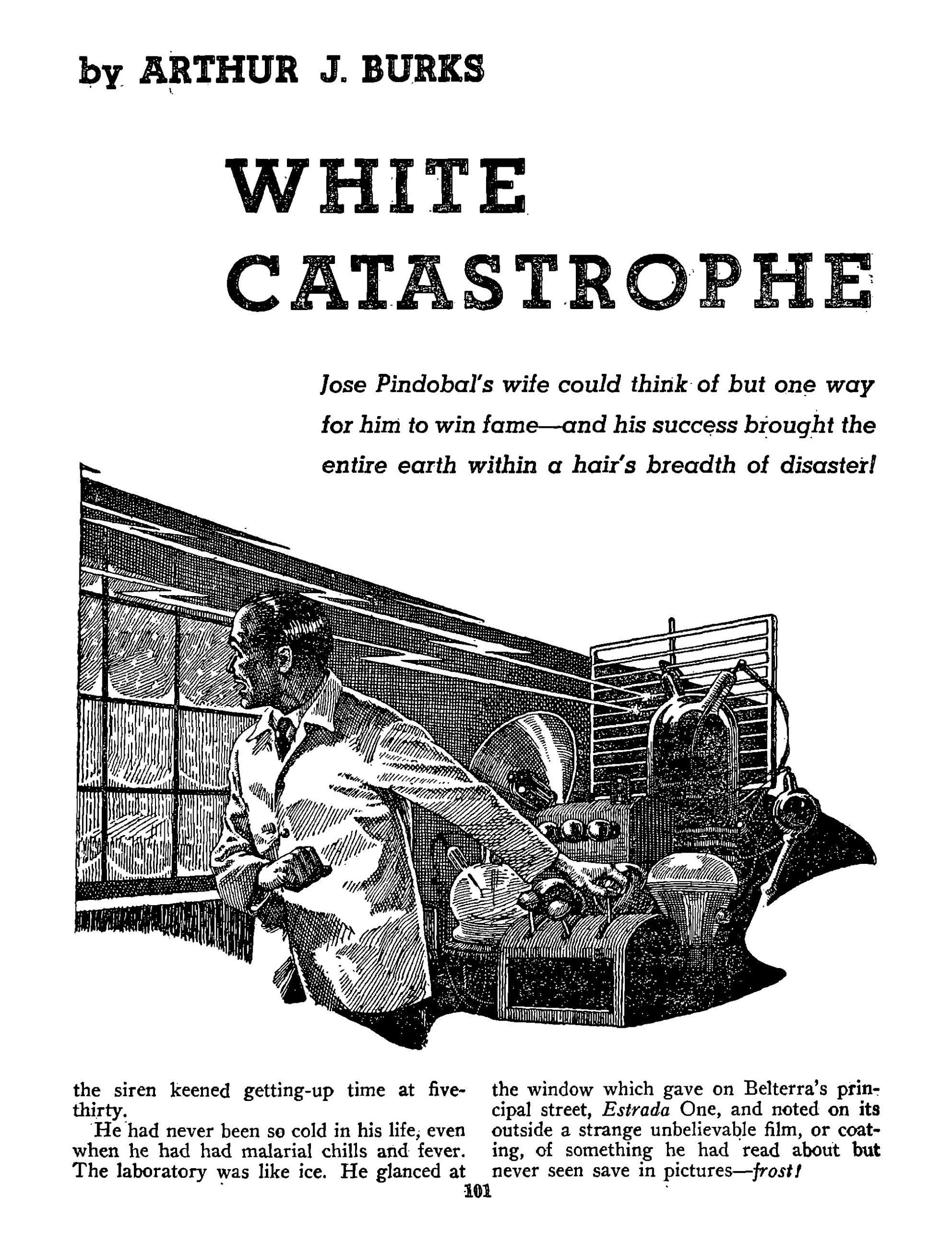 Lawrence Sterne Stevens's Illustration Art LSS? White Catastrophe (right side) by Arthur J. Burks, Thrilling Wonder Stories 49-06, P.101.