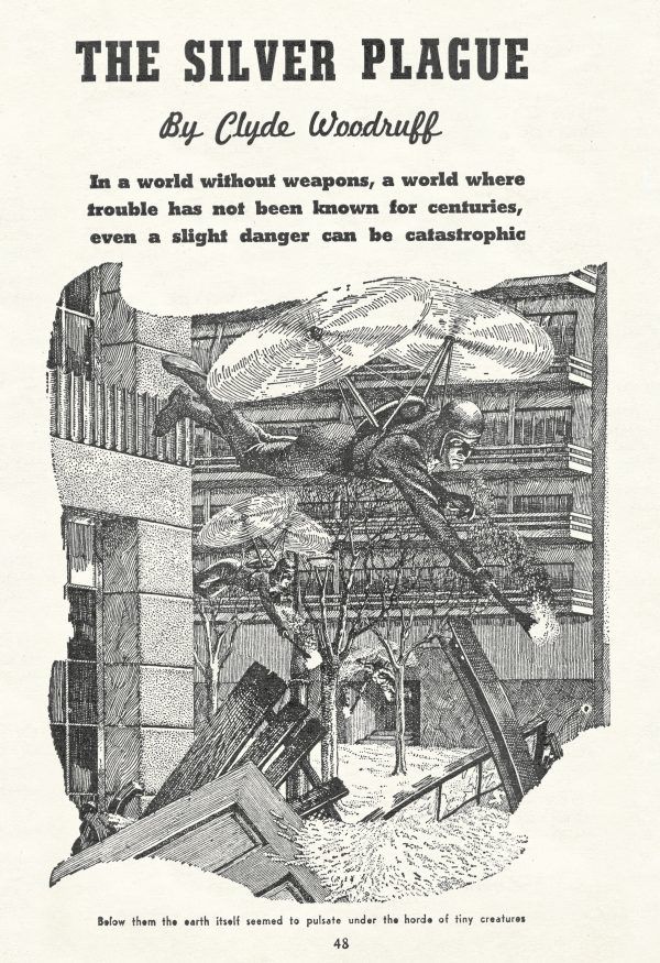 Lawrence Sterne Stevens's Illustration And Book Covers Art Lawrence Sterne Stevens, The Silver Plague by Clyde Woodruff (David V. Reed), Amazing Stories 52-02, p.48.