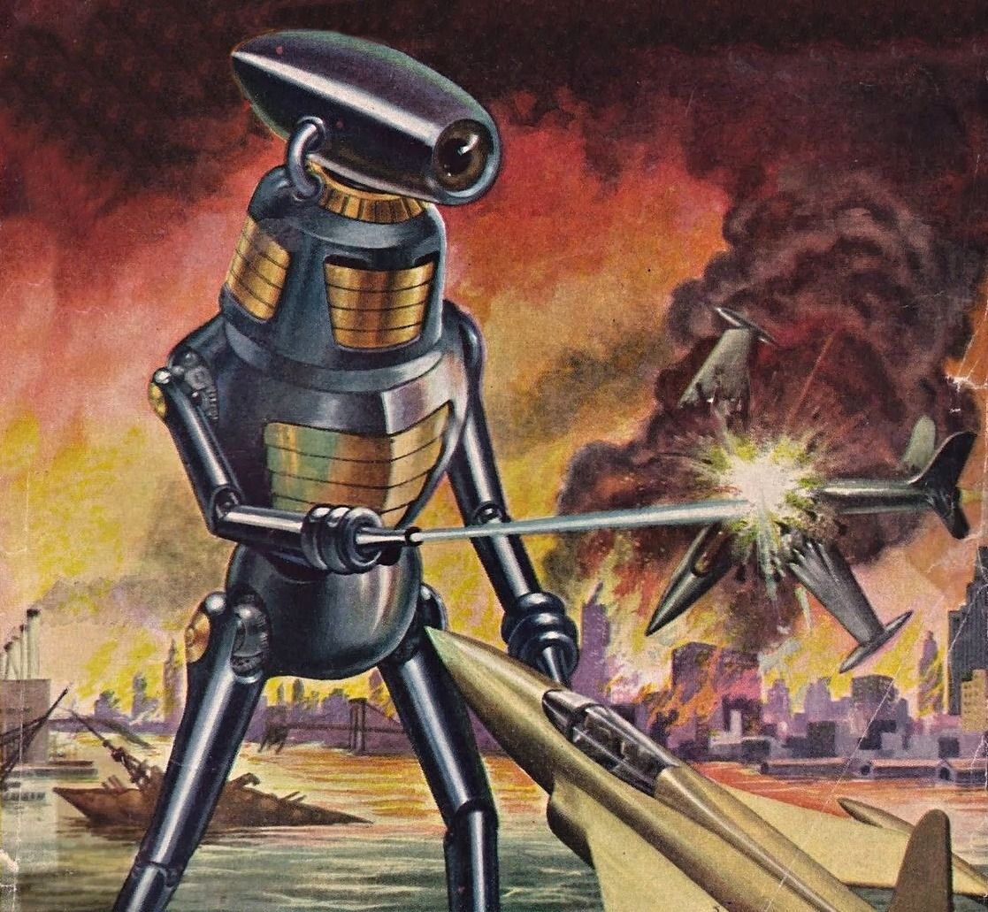 Lawrence Sterne Stevens's Illustration And Book Covers Art Lawrence Sterne Stevens, Amazing Stories 52-02, The Iron Men of Venus (cropped) by Don Wilcox.