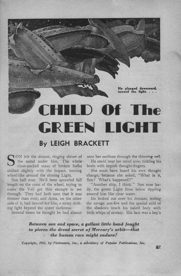 Lawrence Sterne Stevens's Illustration And Book Covers Art Lawrence Sterne Stevens, Child of the Green Light by Leigh Brackett, Super Science Stories 51-04, p.87.