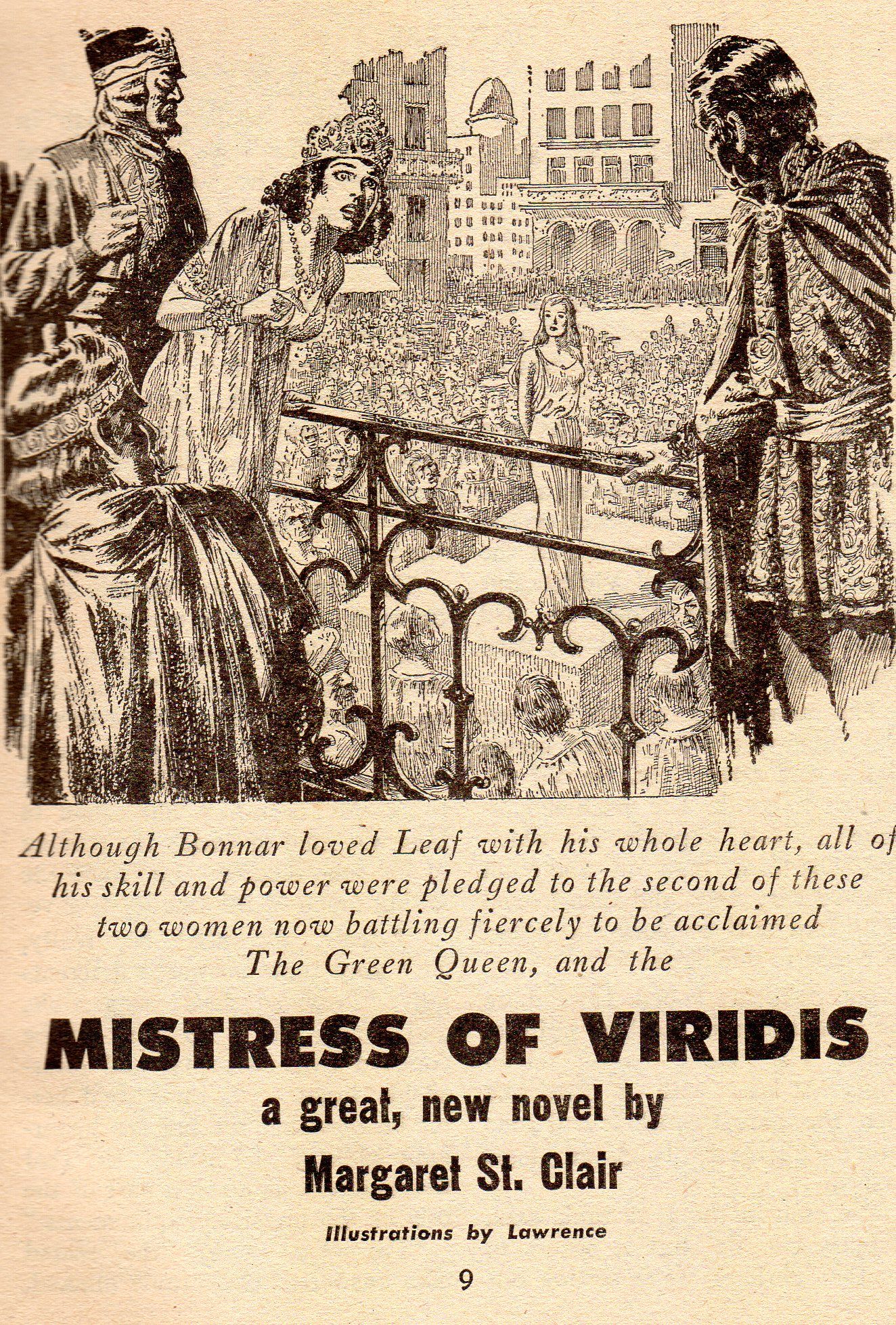 Lawrence Sterne Stevens's Illustration And Book Covers Art Lawrence Sterne Stevens, Mistress of Viridis by Margaret St. Clair, Universe SF 55-03, p.9.