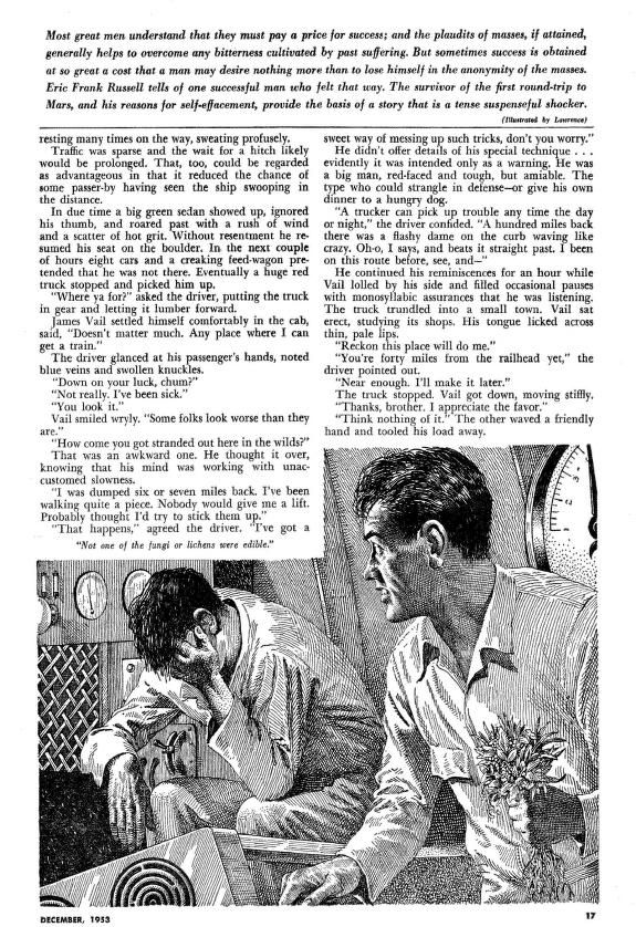 Lawrence Sterne Stevens's Illustration And Book Covers Art Lawrence Sterne Stevens, Bitter End by Eric Frank Russell, Science-Fiction Plus 53-12, p.17. Caption: Not one of the fungi or lichens were edible.