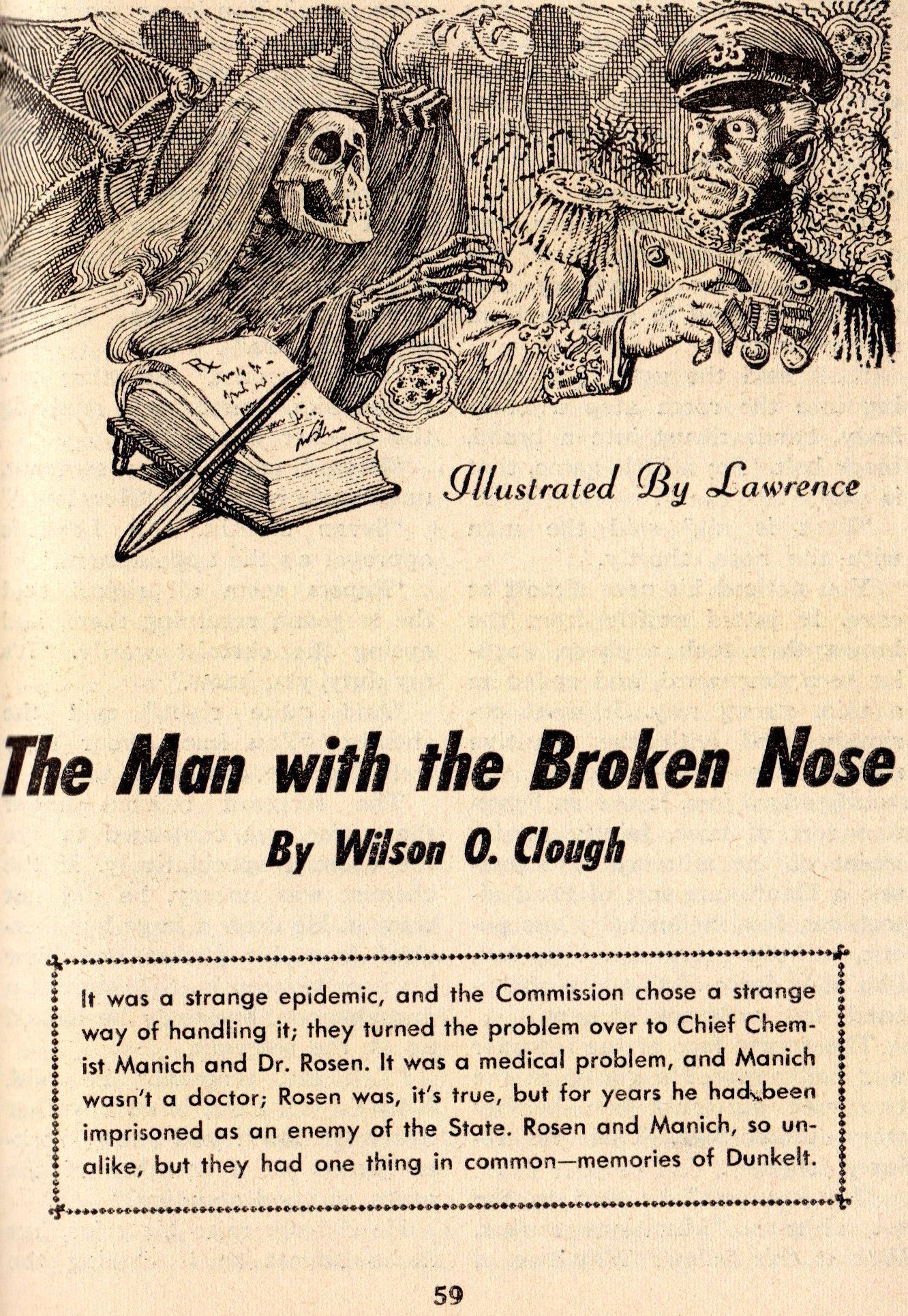Lawrence Sterne Stevens's Illustration And Book Covers Art Lawrence Sterne Stevens, The Man with the Broken Nose by Wilson O. Clough, Universe SF 54-03, p.59.