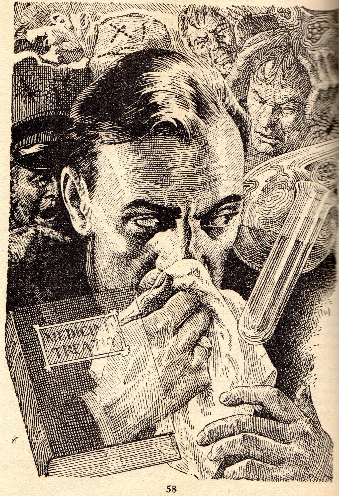 Lawrence Sterne Stevens's Illustration And Book Covers Art Lawrence Sterne Stevens, The Man with the Broken Nose (left side) by Wilson O. Clough, Universe SF 54-03, p.58.