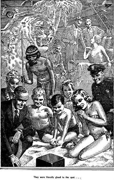 Lawrence Sterne Stevens's Illustration And Book Covers Art Lawrence Sterne Stevens, Find the Happy Children by Benjamin Ferris, Famous Fantastic Mysteries 53-06, p.79.