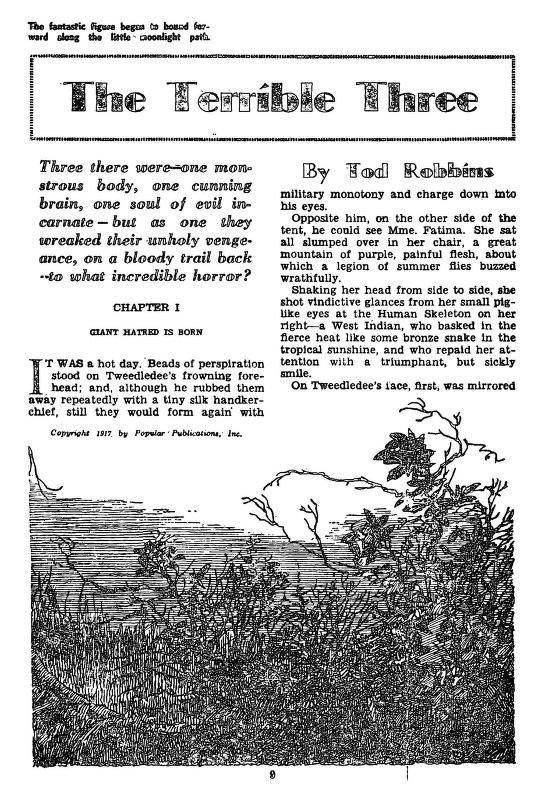 Lawrence Sterne Stevens's Illustration And Book Covers Art Faces in the foliage. Directly below the 2nd column is the profile of a witch with grasping arms outstretched. A little below and to the left is a similar figure and directly below are at least 3 more faces. There's another witch below the 1st column. Lawrence Sterne Stevens, The Terrible Three by Tod Robbins, Fantastic Novels 48-11, p.9.
