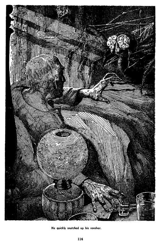 Lawrence Sterne Stevens's Illustration And Book Covers Art Lawrence Sterne Stevens, The Spectre Spiders by W. James Wintle, Famous Fantastic Mysteries 47-02, p.114.