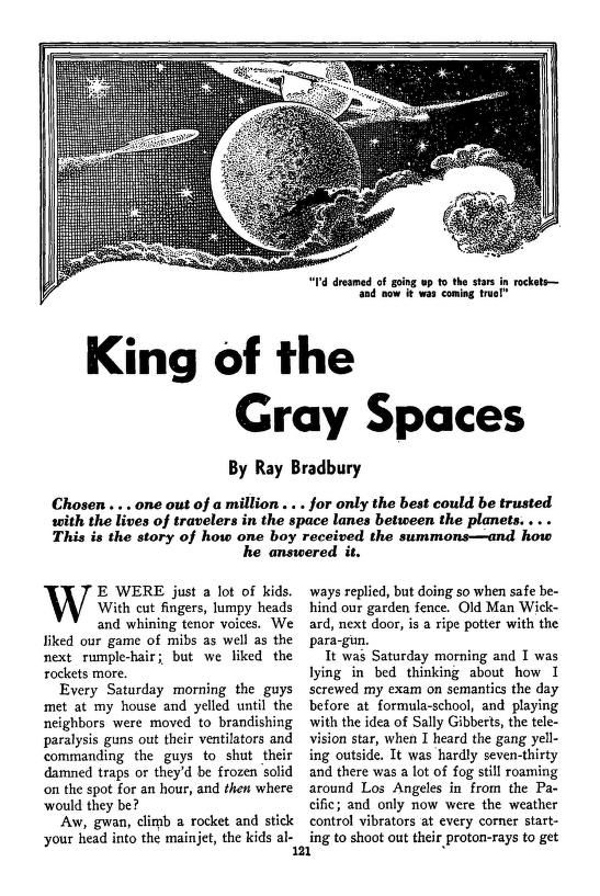 Lawrence Sterne Stevens's Illustration And Book Covers Art Lawrence Sterne Stevens, King of the Gray Spaces by Ray Bradbury, Famous Fantastic Mysteries 43-12, p.121.
