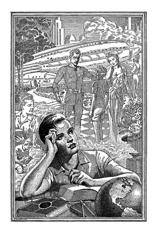 Lawrence Sterne Stevens's Illustration And Book Covers Art Lawrence Sterne Stevens, King of the Gray Spaces (AKA R Is for Rocket) by Ray Bradbury, Famous Fantastic Mysteries 43-12, p.120.