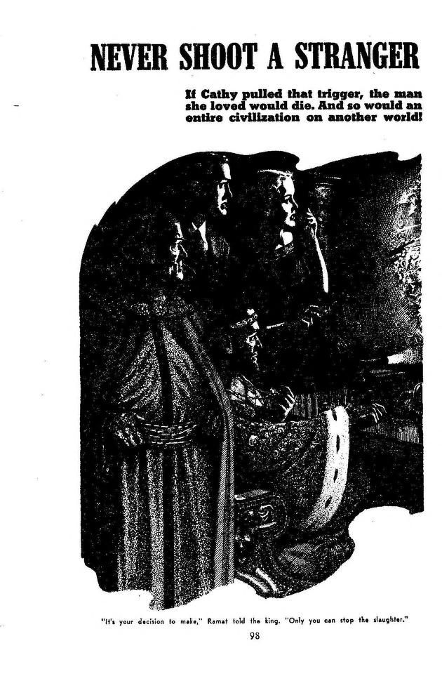 Lawrence Sterne Stevens's Illustration And Book Covers Art Lawrence Sterne Stevens, Never Shoot a Stranger (left side) by Charles Creighton, Fantastic Adventures 51-12, p.98.