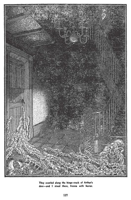 Lawrence Sterne Stevens's Illustration And Book Covers Art Lawrence Sterne Stevens, Caterpillars by E.F. Benson, Famous Fantastic Mysteries 47-06. p.117.
