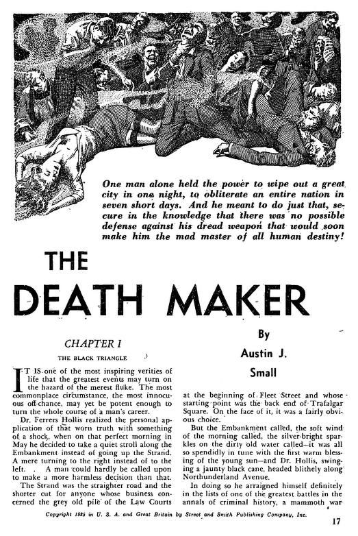 Lawrence Sterne Stevens's Illustration And Book Covers Art Lawrence Sterne Stevens, The Death Maker (AKA Master Vorst) by Austin J. Small, Famous Fantastic Mysteries 52-04, p.17.