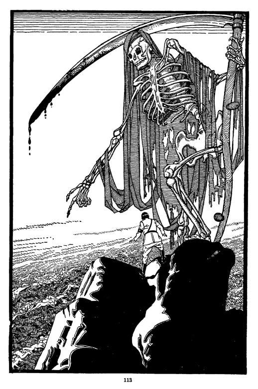 Lawrence Sterne Stevens's Illustration And Book Covers Art Lawrence Sterne Stevens. Brian W. Aldiss singled out this illo for praise in Science Fiction Art (1975). It shows the Grim Reaper gesturing for Hitler to join the pile of corpses he created. Heaven Only Knows by Joe Archibald, Famous Fantastic Mysteries 45-09, p.113.