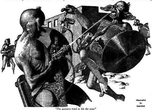 Lawrence Sterne Stevens's Illustration And Book Covers Art Lawrence Sterne Stevens, Space Salesman by J.P. Phillips, Science-Fiction Plus 53-12, p.33.