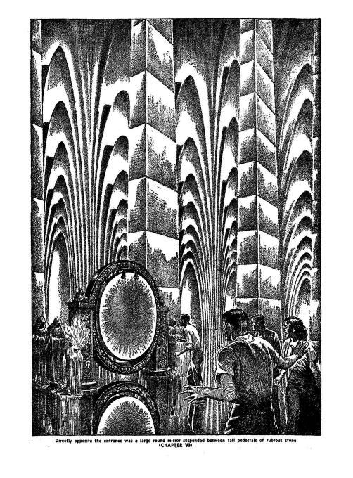 Lawrence Sterne Stevens's Illustration And Book Covers Art Lawrence Sterne Stevens, The Blue Flamingo by Hannes Bok, Startling Stories 48-01, p.15.