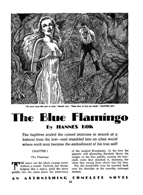 Lawrence Sterne Stevens's Illustration And Book Covers Art Lawrence Sterne Stevens, The Blue Flamingo by Hannes Bok, Startling Stories 48-01, p.13.
