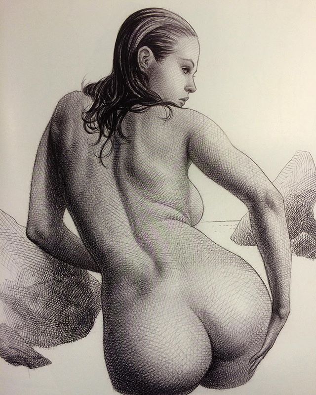 Frank Cho's Visual Art Bathing beauty, Ballpoint pen art by Frank Cho 