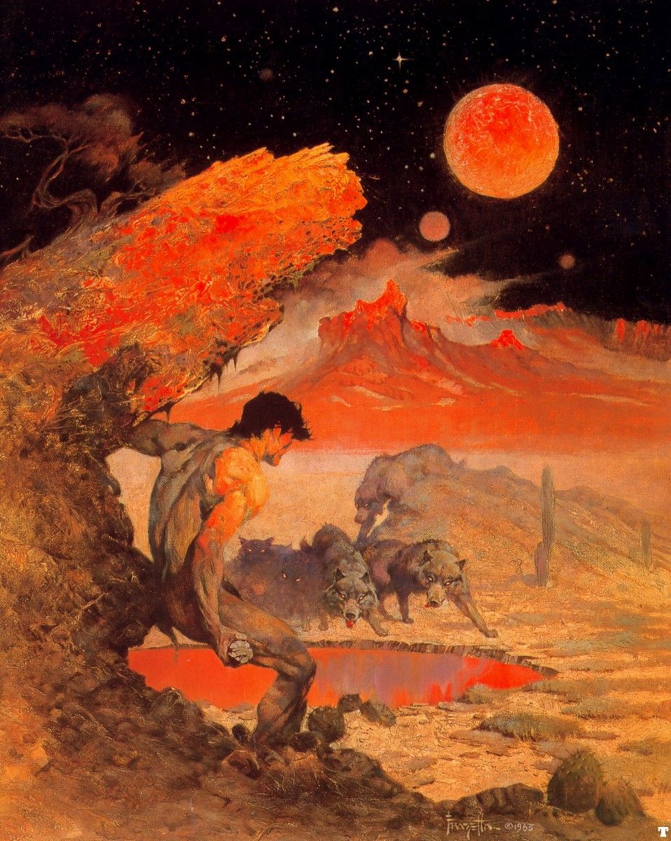 Frank Frazetta's Visual Art Frank Frazetta, Wolf Moon, used for the cover of Phoenix Prime by Ted White, oil on board, Lancer Books 1966.