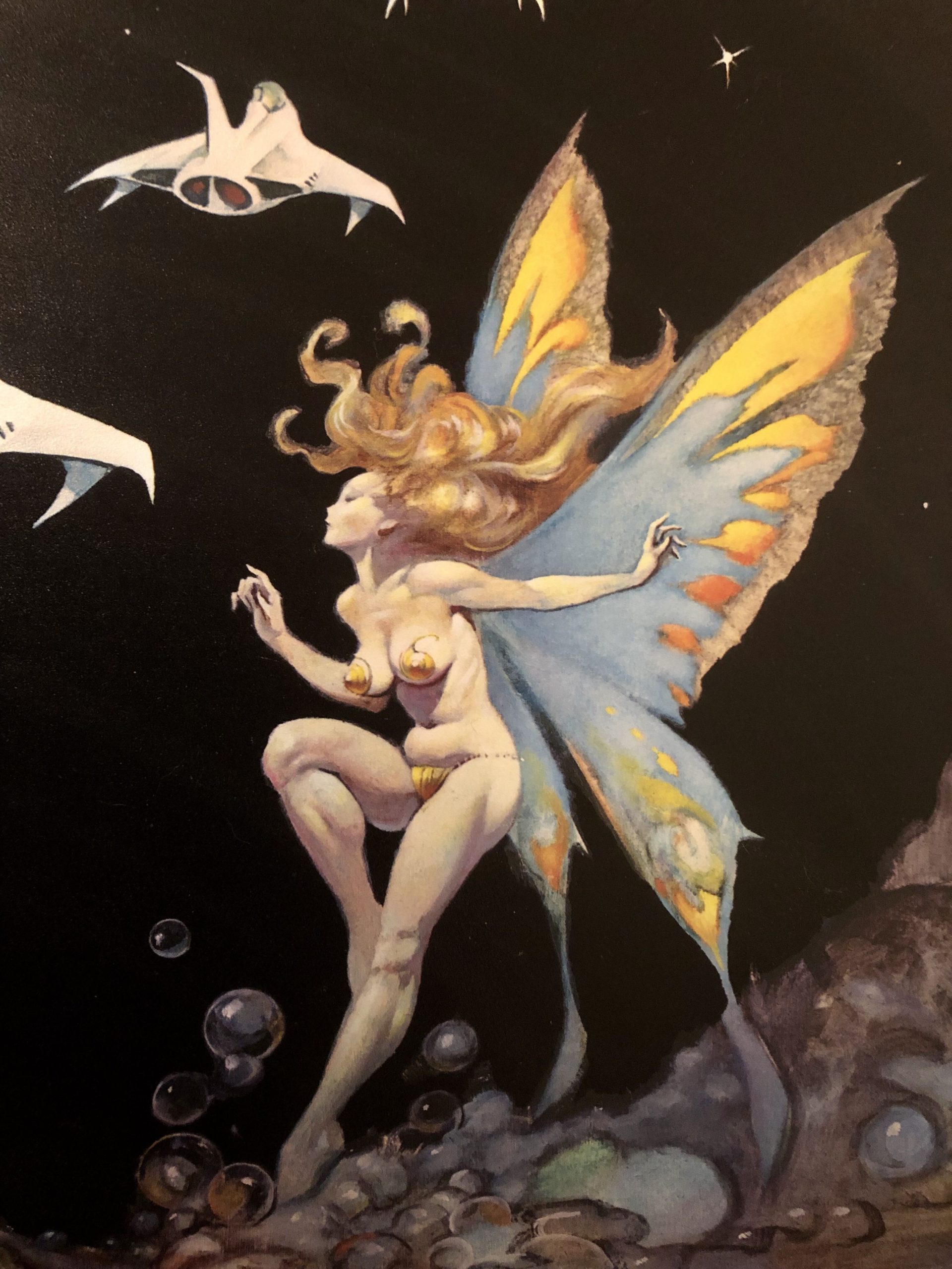 Frank Frazetta's Visual Art Frank Frazetta, detail of the right side of Dream Flight, used as the cover of Writers of the Future, Volume 3, 1987.