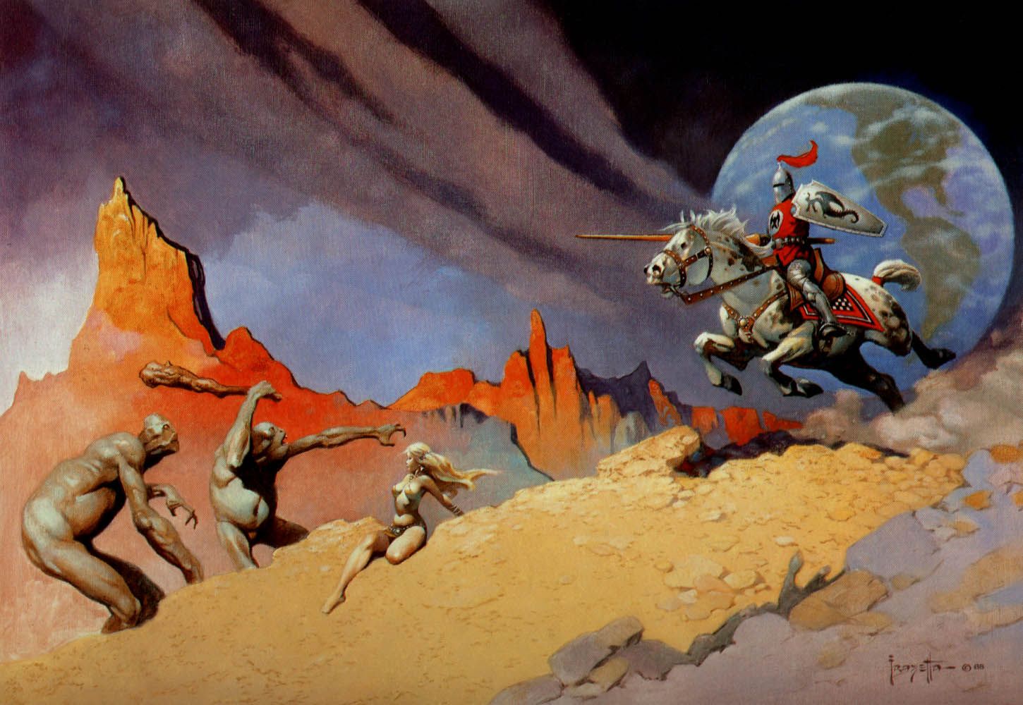 Frank Frazetta's Visual Art Frank Frazetta, Moon Rider, used as a wraparound cover for Writers of the Future, Volume 4, 1988.