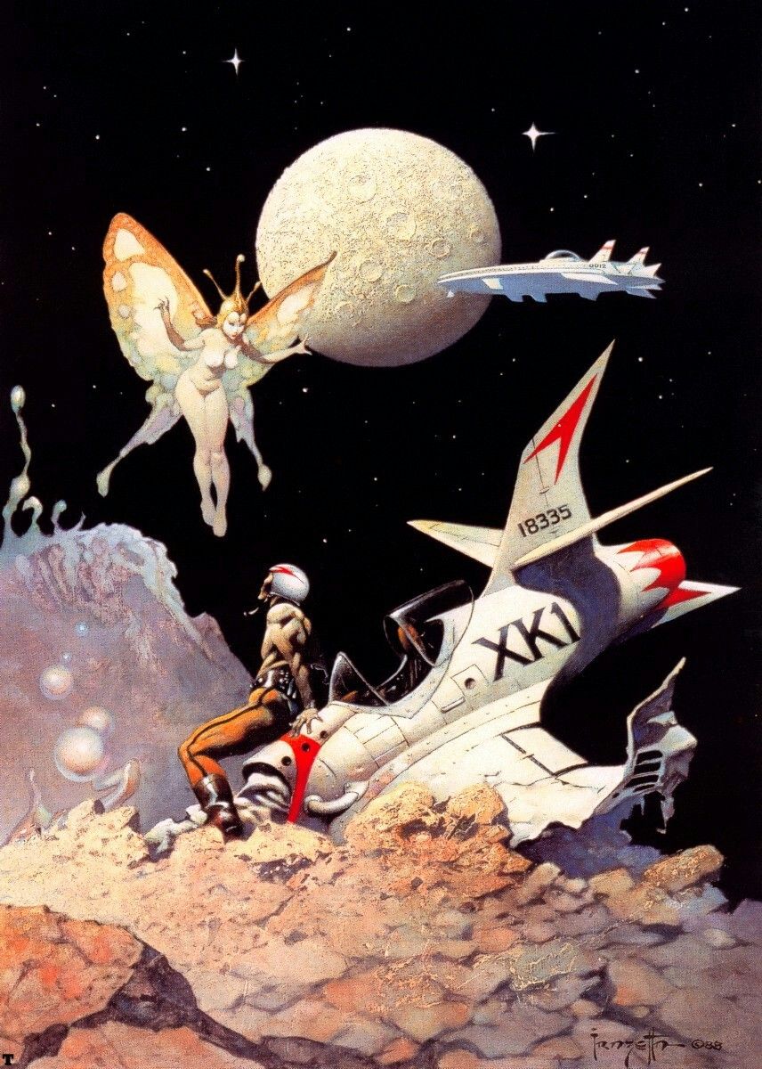 Frank Frazetta's Visual Art Frank Frazetta, Encounter, used for the cover of Writers of the Future Volume 5, 1989.