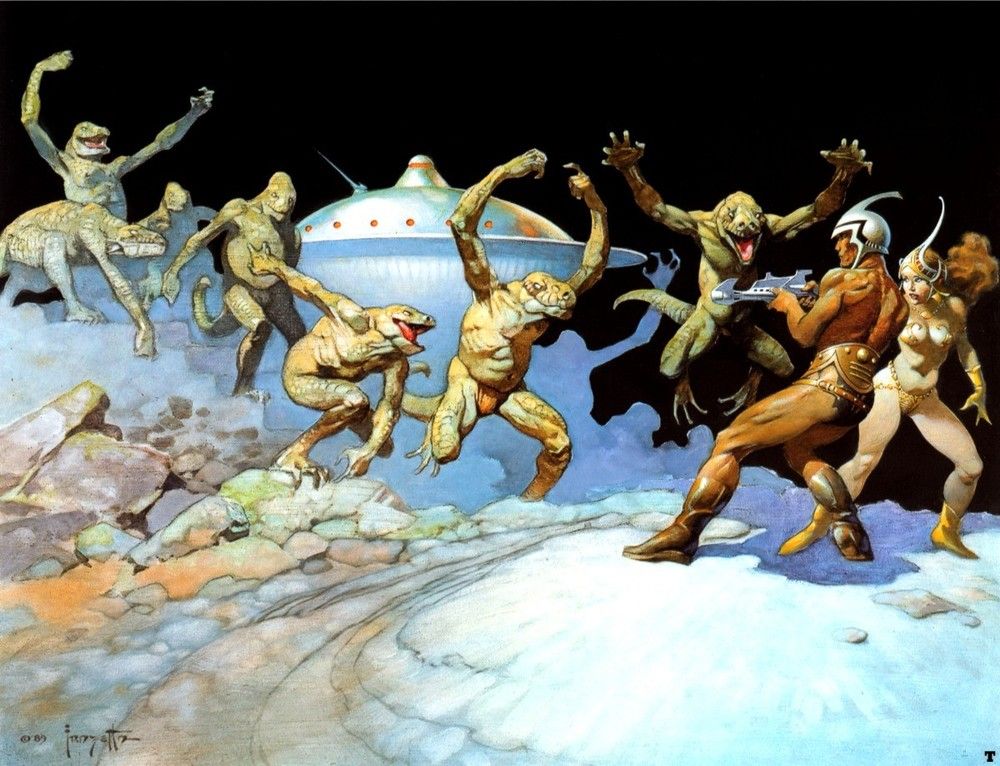 Frank Frazetta's Visual Art Frank Frazetta, Leaping Lizards, used as a wraparound cover for Writers of the Future Volume 6, 1990.