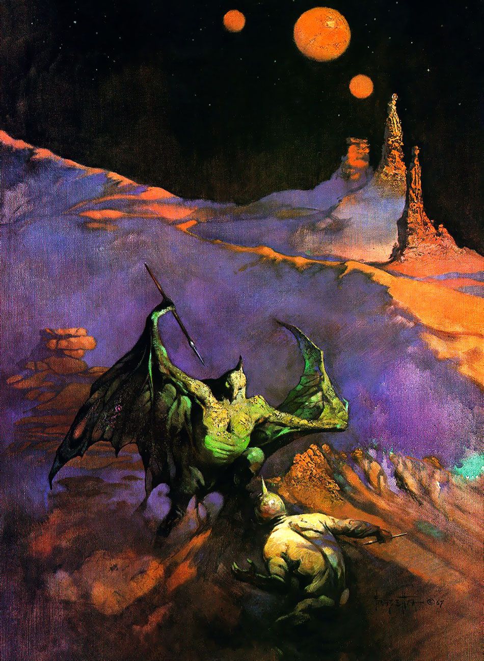 Frank Frazetta's Visual Art Frank Frazetta, Iron Thorn, used for the cover of The Amsirs and the Iron Thorn by Algis Budrys. It reminds me of the silent creatures in the first Beastmaster movie.