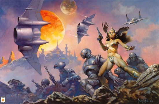 Frank Frazetta's Visual Art Frank Frazetta, Dawn Attack, the left side of this painting was used for the cover of The Best of Writers of the Future, 2000.