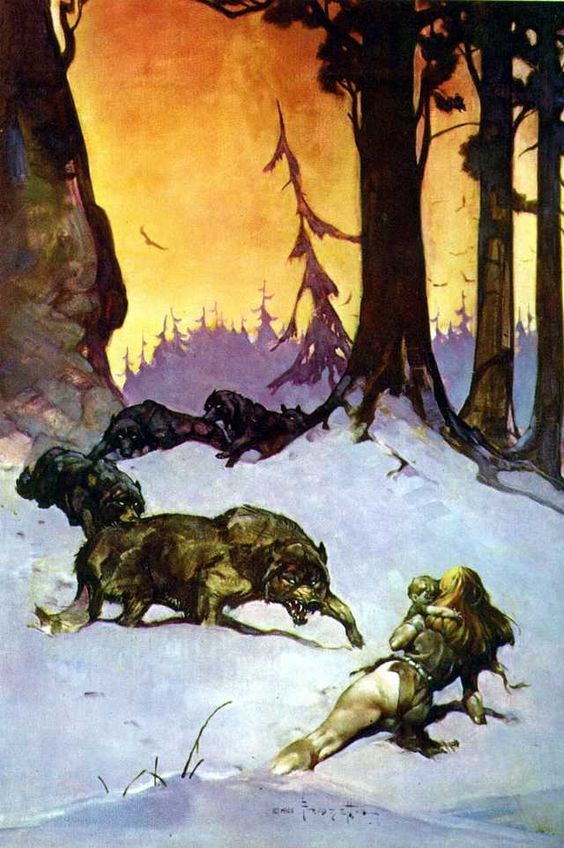 Frank Frazetta's Visual Art Frank Frazetta, Wolf Pack, used for the cover of Atlan (Book 2 of the Atlan Saga) by Jane Gaskell, Paperback Library, 1968.