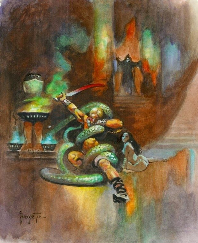 Frank Frazetta's Visual Art Frank Frazetta, Green Death, a detail of the painting was used for the cover of Wolfshead by Robert E. Howard, Lancer Books 1968.