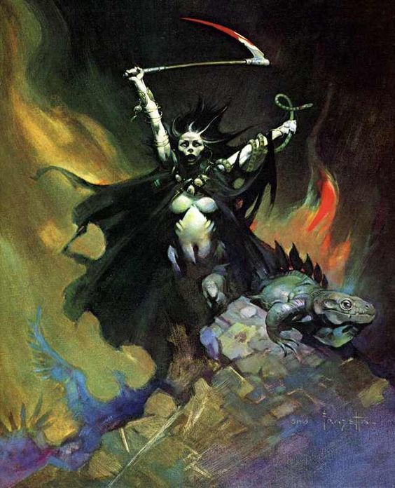 Frank Frazetta's Visual Art Frank Frazetta, Woman with a Scythe, used for the covers of Creepy #91 and Vampirella #11.